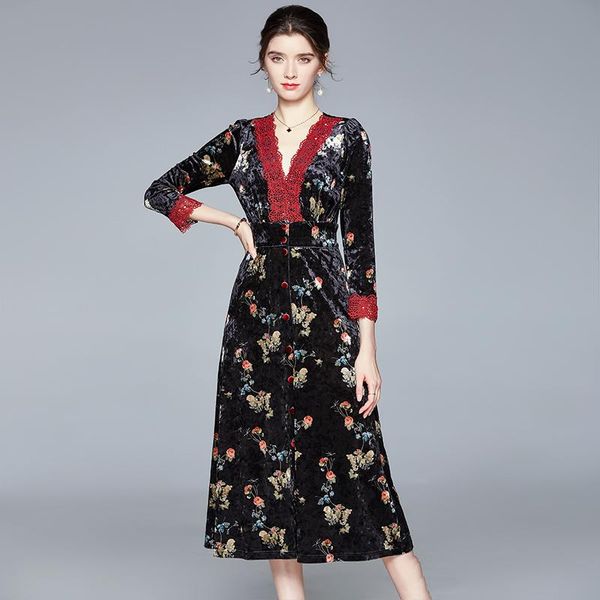 

casual dresses jsxdhk elegant women v neck midi dress vintage fall winter velvet flower print patchwork lace single breasted vestidos, Black;gray