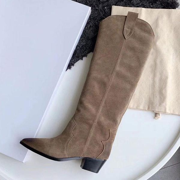 

boots 2021 cow suede women riding retro slip-on chunky heel knee high pointed toe autumn boot ladies motarcycle, Black