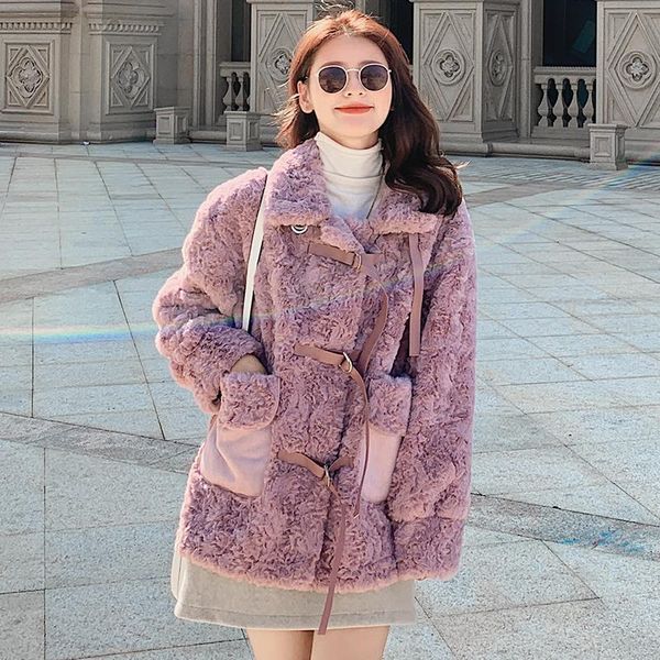 

women's wool & blends fur coat women lambswool autumn casual winter warm plush jacket female luxury loose motorcycle coats, Black