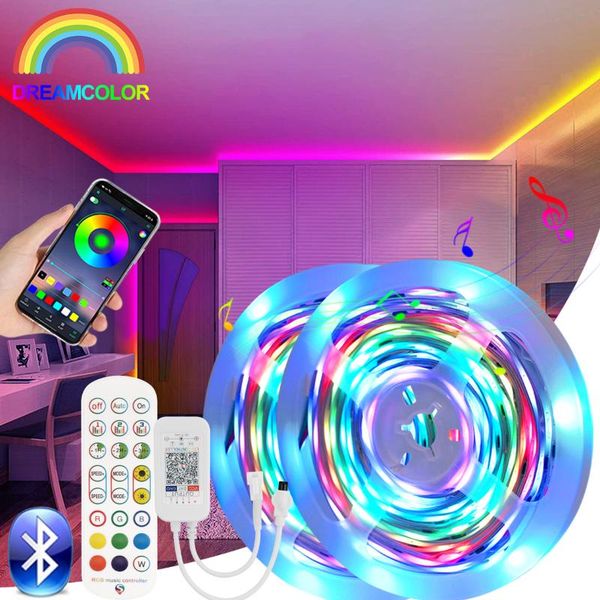 

strips 32.8/16.4 ft ws2811 rgbic led strip dc 12v luces rgb bluetooth neon tape light with remote for room home decoration