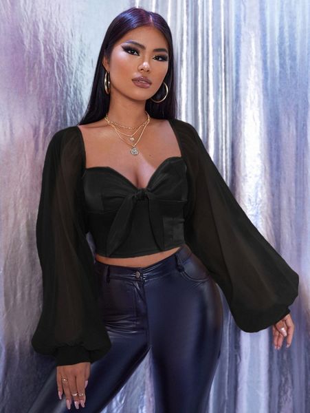 

mesh puff sleeve tie front i38g#, White