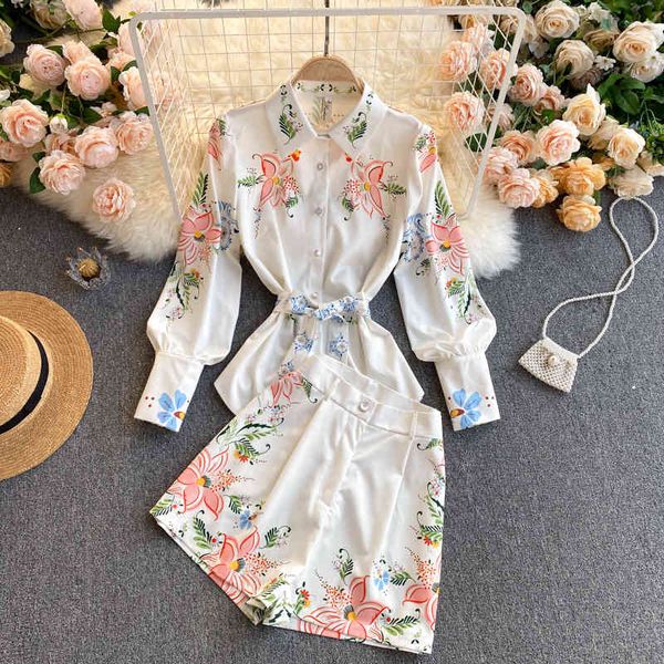 

tracksuits women spring flower bird print white suit turndown-collar sleeve lace up +wide leg short pants two piece set, Gray