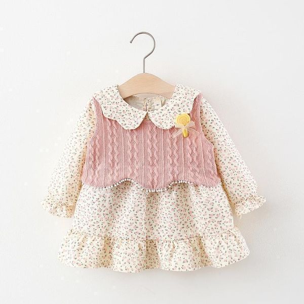 

clothing sets 2021 wholesale autumn baby girls printed dress with vest1, White