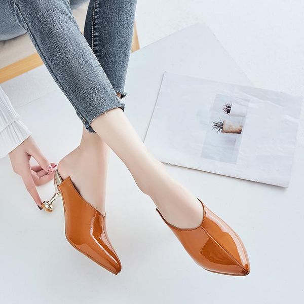 

slippers ymechic fashion womens outdoor closed pointed toe stiletto high heels mules plus size black brown slides shoes 43