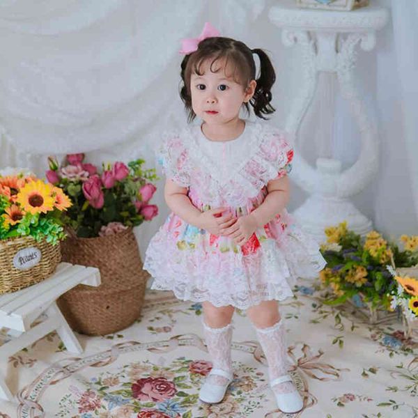 

summer baby girls short sleeve printing dresses children kids girl princess lace clothing party 210429, Blue