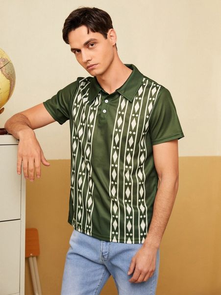 

men geo print polo shirt r26j#, White;black