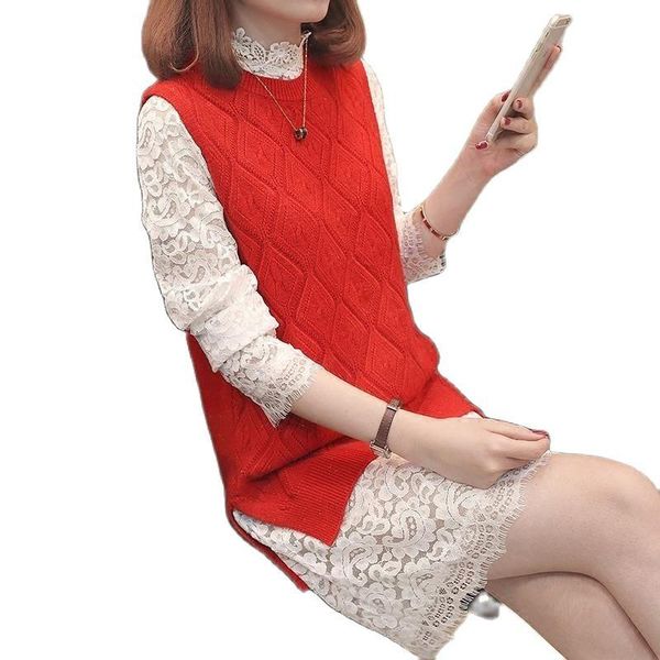 

women's sweaters fashion 2021 sweater lace two-piece female korean version collar mid-length dress knitted vest fashionable suit, White;black