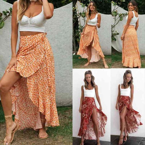 

summer boho long maix womens skirts ruffle bandage high waist split beach wrap sun dropshipping, Black
