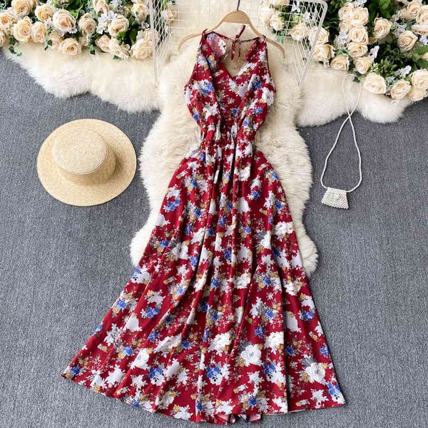 Singreiny Kadınlar Çiçek Sling Elbise Yaz V Boyun Kolsuz Bir Çizgi Elbise Kore Rahat Plaj Tatil Baskı Maxi Elbise 210419