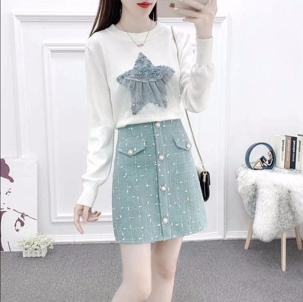 

two piece dress women 2021 autumn winter sweater pieces set female long sleeve casual pullover sweater+high waist plaid tweed skirt n265, White