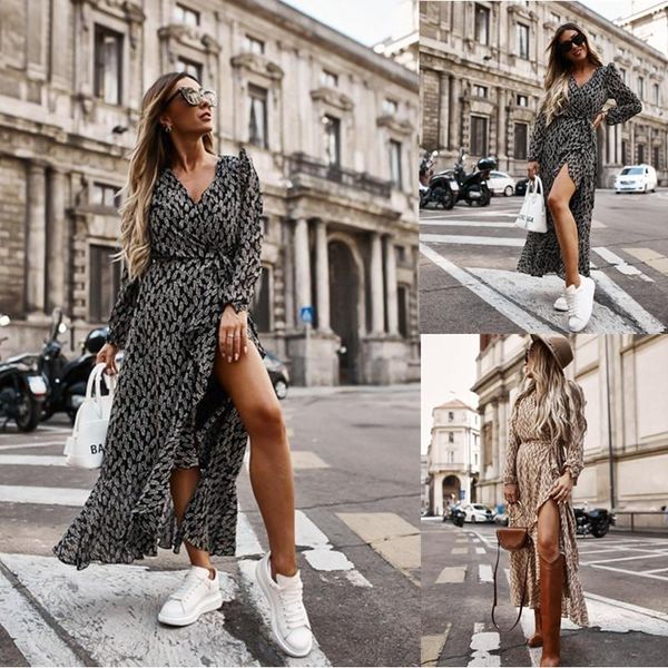 

casual dresses women's printed elegant long dress trendy v-neck sleeve high waist one-piece irregular hem for travelling pography, Black;gray