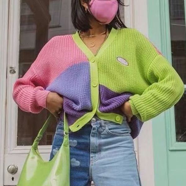 

women's sweaters blouse colored patches cardigan autumn button knitted or crocheted with preppy-style cleavage fashion sweaters loosen, White;black