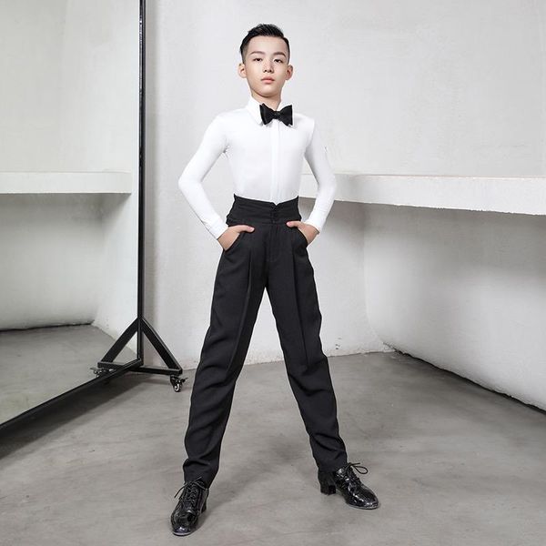 

stage wear professional boy's latin dance competition suit kids rumba white shirt with bow tie black trousers costume zym #nttz001, Black;red