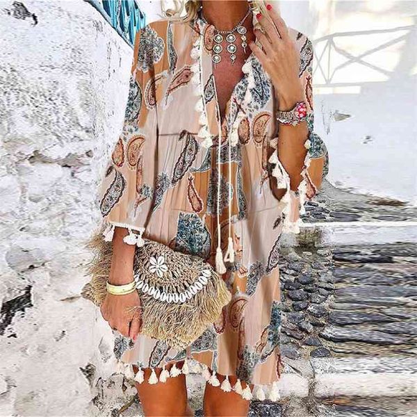 

2021 summer v neck tassel beach spring vintage floral print 3/4 sleeve party women casual loose a-line dress vestido, Black;gray