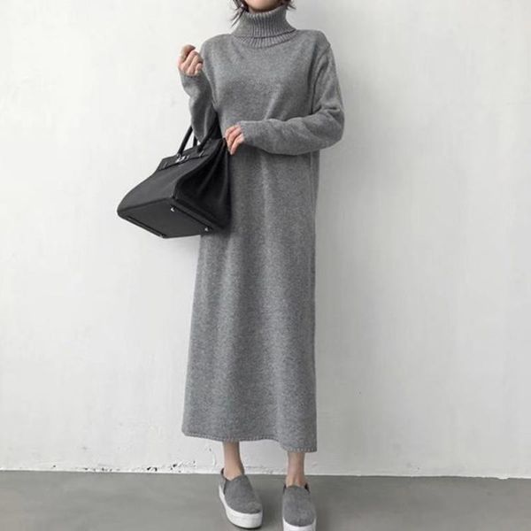 

casual dresses warm turtleneck thick knitting winter black sweater dress women knitted female loose girls long womens oversize vestidos, Black;gray