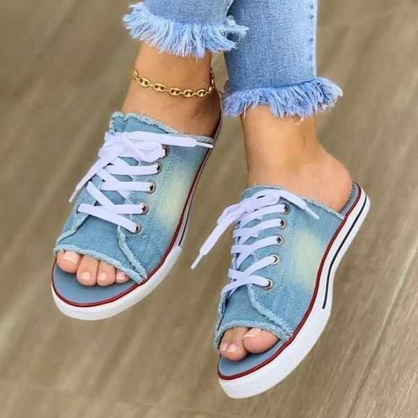 

2021 summer women sandals open toe flat shoes canvas ladies shoes fish mouth shoes denim lace-up sneakers sandals zapatos mujer y0721, Black