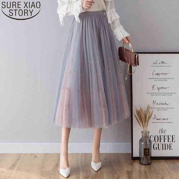 

fashion spring layers long midi pleated skirt elastic jupe femme casual high waist tulle skirts for women 9587 210417, Black