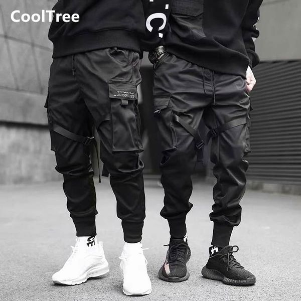 

men's pants cooltree men black spring autumn ribbons multi-pocket joggers trousers male harajuku hip hop loose harem streetwear