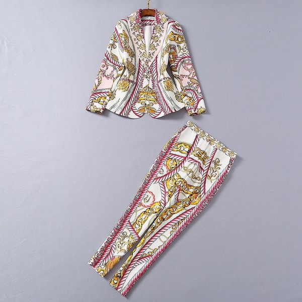 

women's two piece pants european and american women's wear winter style long-sleeved retro print jacket nine minutes of pants fash, White