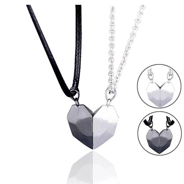 

2022 new minimalist lovers matching friendship heart pendant couple magnetic distance faceted pendants necklace jewelry, Silver