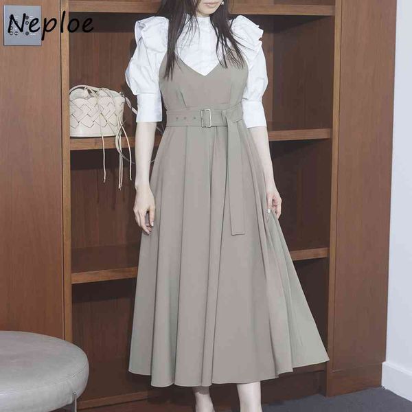 

neploe solid puff sleeve blouse stand collar chic ruffles patchwork women shirts spring sweet slim waist blusas 210510, White