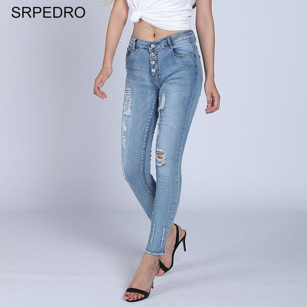 

women's jeans srpedro low rise pencil with holes elasticity hollow out four buttons skinny pants high street fashion women denim tights, Blue