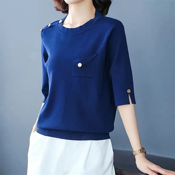 

summer o-neck knitted t-shirt women korean style half sleeve solid knitwear tees female casual slim big size 210708, White