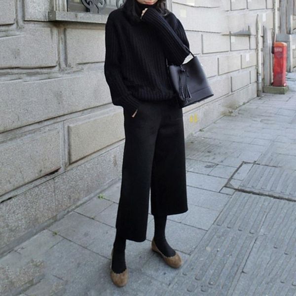 

woolen pants women black loose solid color 2021 fashion casual autumn winter warm wear thicken female slim korean high waist women's &, Black;white