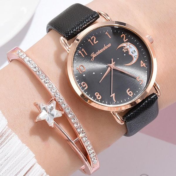 

wristwatches printed moon luxury women fashion watches simple female dress classical design ladies quartz leather watch, Slivery;brown