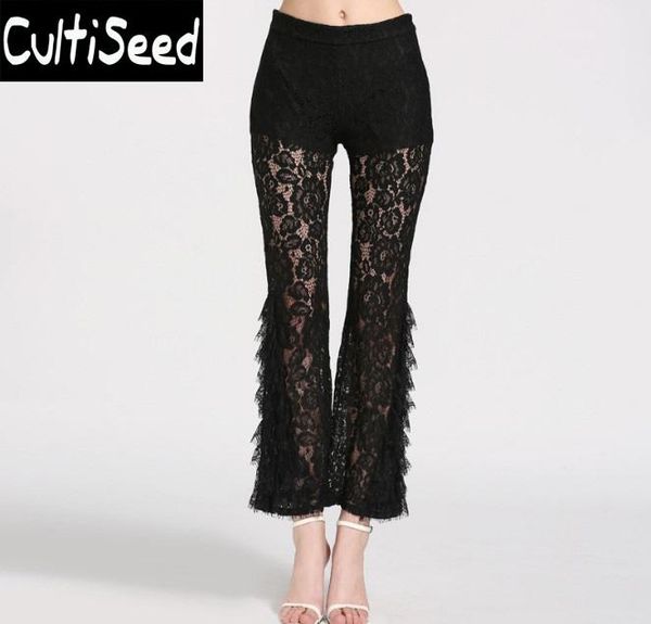 

women's pants & capris 2021summer female high waist hollow out perspective lace flare trousers lady ankle length, Black;white