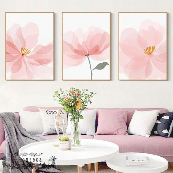 

paintings watercolor delicate pink floral and green leaves poster abstract nordic canvas painting wall art picture living room decoration