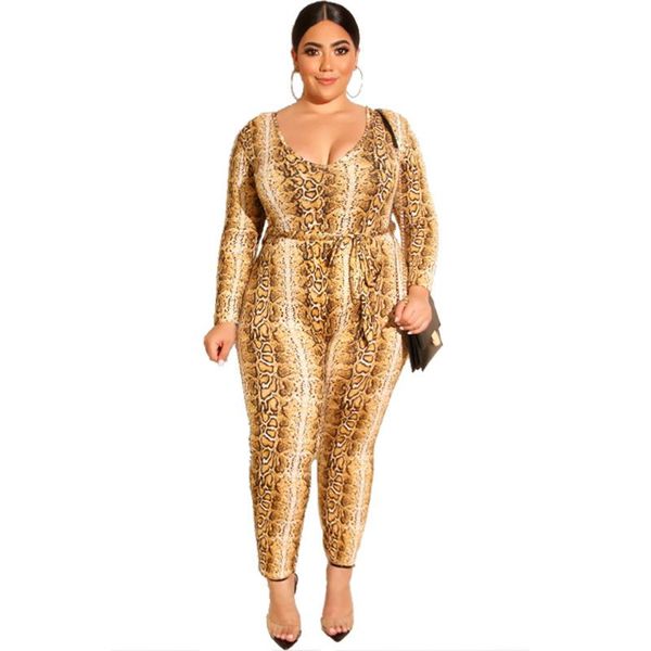 

plus size pants women casual jumpsuits retro snake printed o neck skinny long sleeve rompers large streetwear overalls 5xl, Black