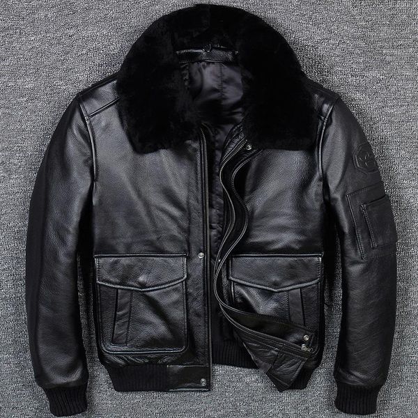 

men's leather & faux black men 2021 usaf pilot jacket wool collar plus size 3xl genuine cowhide winter russian a2 natural coat