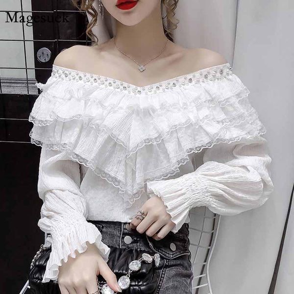

women's blouses & shirts temperament korean vintage lady lace stitched ruffled v collar shirt 2021 fall stylish lantern long sleeve 120, White
