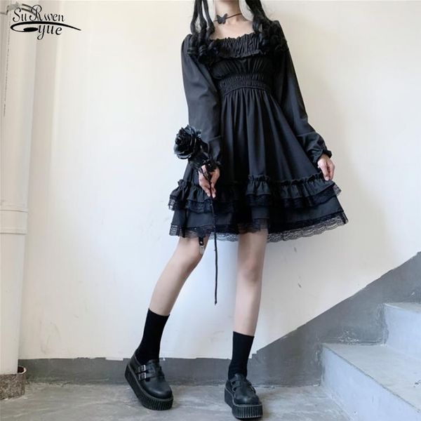 Kare Yaka Yüksek Bel Gotik Elbise Japon Lolita Tarzı Prenses Siyah Mini Puf Kollu Dantel Ruffles Parti 13242 210521
