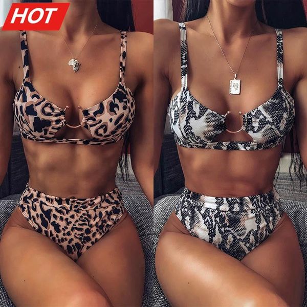 

women swimwear high waist swimsuit bikini set leg bathing suit 2021 snake skin printed push up bather biquini women's, White;black