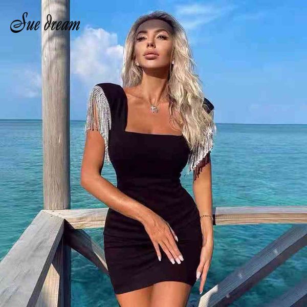 

ladies summer fashion tassel diamond crystal black bodycon bandage dress elegant evening party 210519, Black;gray