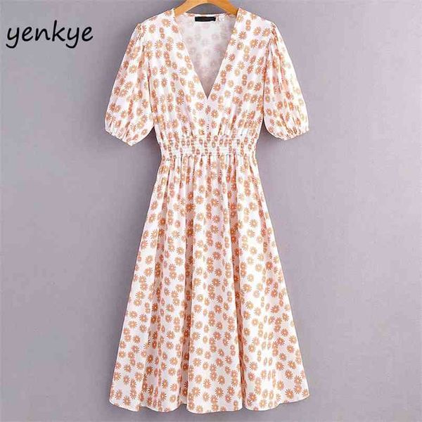 

sweet women floral print summer dress elegant lady short sleeve v neck elastic waist midi a-line syjz416 210514, Black;gray