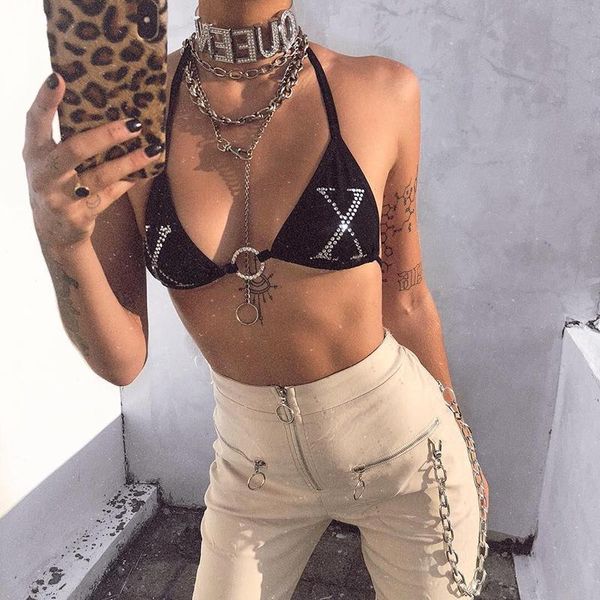 

women's pants & capris 1piece zipper streetwear women casual harem with chain solid black pant cool fashion hip hop long trousers, Black;white