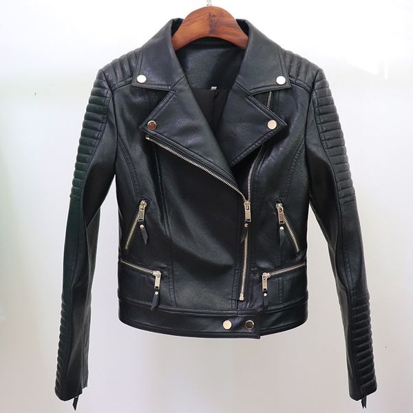 

women's leather & faux arrive classic style jacket coat metal buckles diagonal zipper black motorcycle lfgg