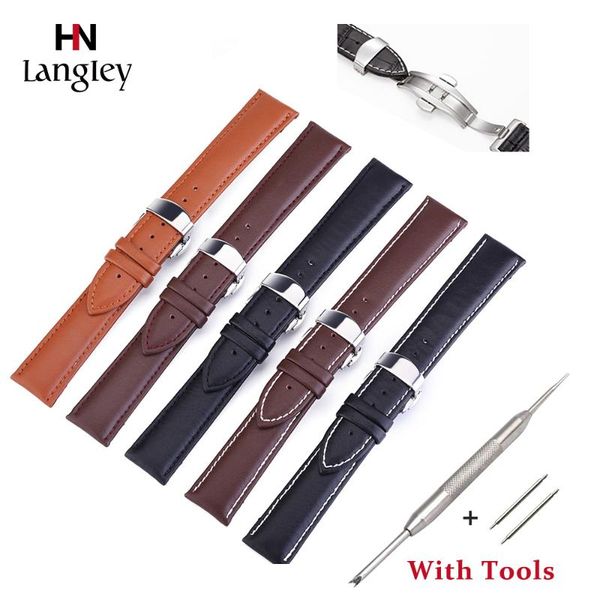 

watch bands genuine leather watchband butterfly buckle strap accessories for men women wristwatches 12mm-24mm plain weave cowhide band, Black;brown