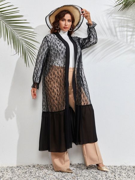 

plus lace open front kimono n16w#, Black