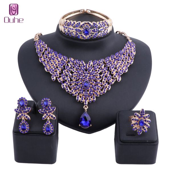 

jewelry sets women moroccan style statement necklace earrings bangle ring set with crystal rhinestones luxury bride wedding, Black
