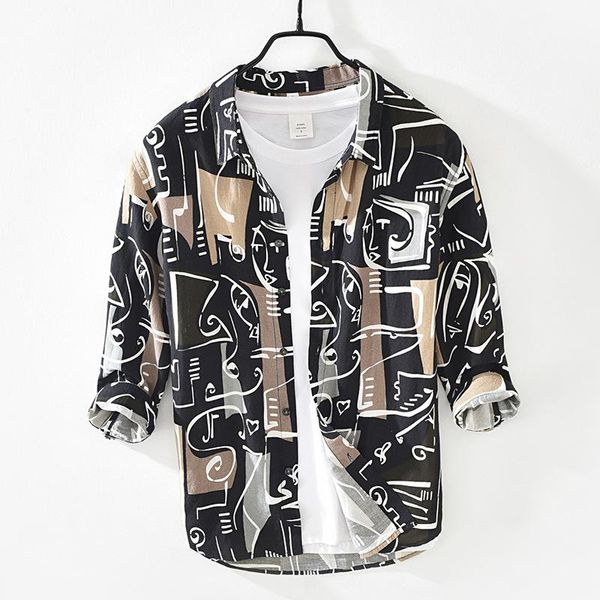 

men's casual shirts retro print seven quarter sleeves, youth linen shirt square collar, White;black