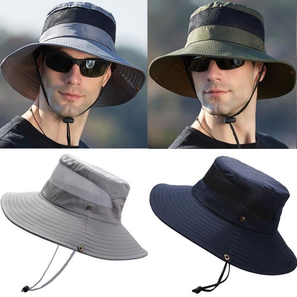

outdoor men hiking caps wide eaves hat mesh patchwork male sun protection bucket solid color breathable beanies hats, Black;white