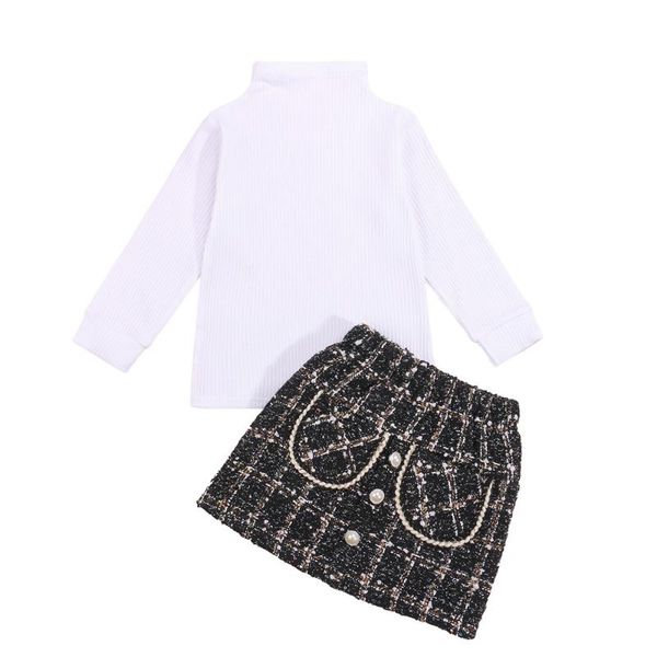 

clothing sets 2021 1-6y fashion kids baby girl clothes set white turtleneck long sleeve sweaters+pearls button plaid a-line skirt fall 2pcs