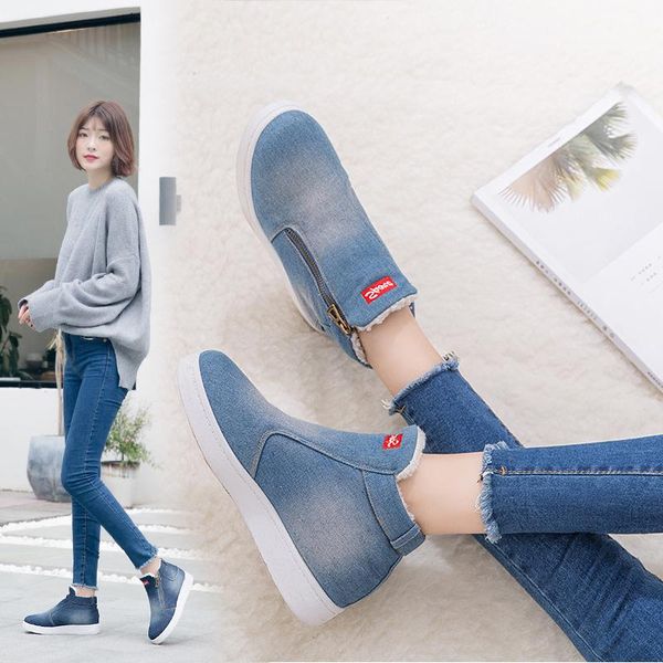

boots 2021 winter shoes women denim snow platform warm flat casual woman cowboy ankle for sneakers, Black