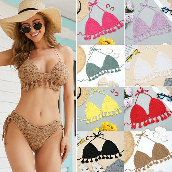

women's swimwear 2021 triangle bikini woman hollow out swimsuit crochet swimming bra female with tassles, White;black