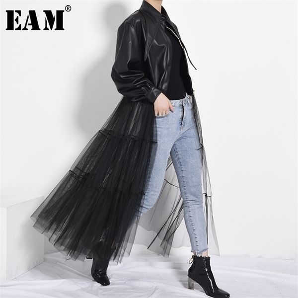 [EAM] Loose Fit Black Mesh Big Size Giacca lunga in pelle Pu Risvolto manica Donna Cappotto Moda Primavera Autunno PB27901 211029