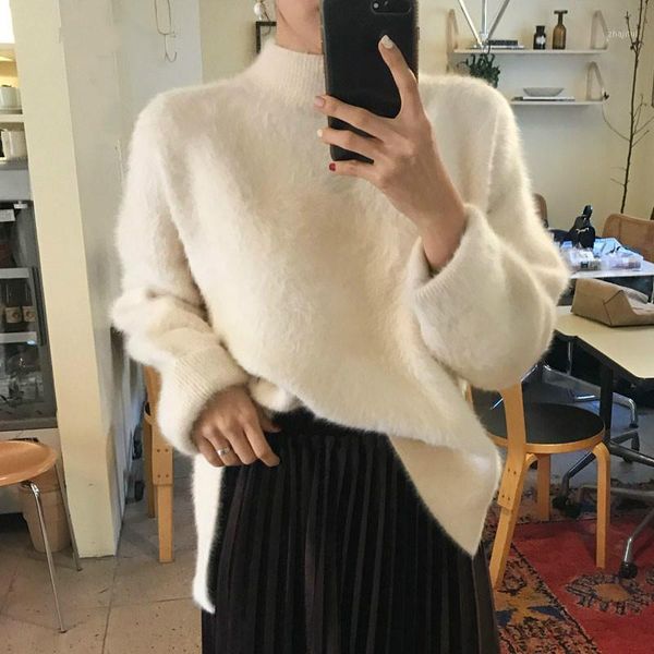

winter trendy imitation velvet chic thick pullover autumn sweater women pure color elegant half high collar women's sweaters, White;black